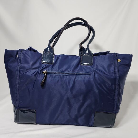 Tory Burch Ella Nylon Tote Navy Blue Patent Trim Logo Large Shoulder Bag Purse - Picture 3 of 16
